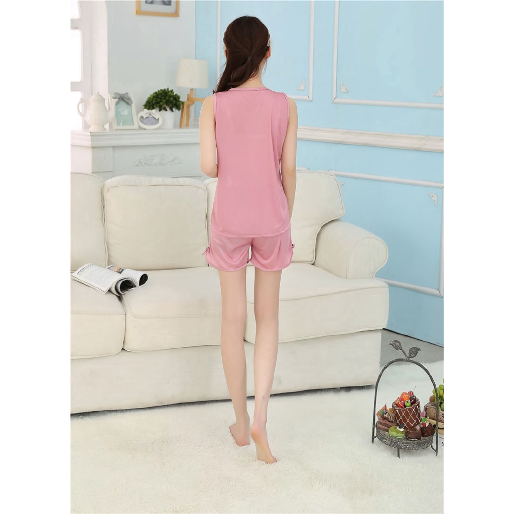 Set đồ mặc nhà không tay dáng ngắn bằng vải lụa satin nhân tạo thoáng mát trẻ trung dành cho nữ