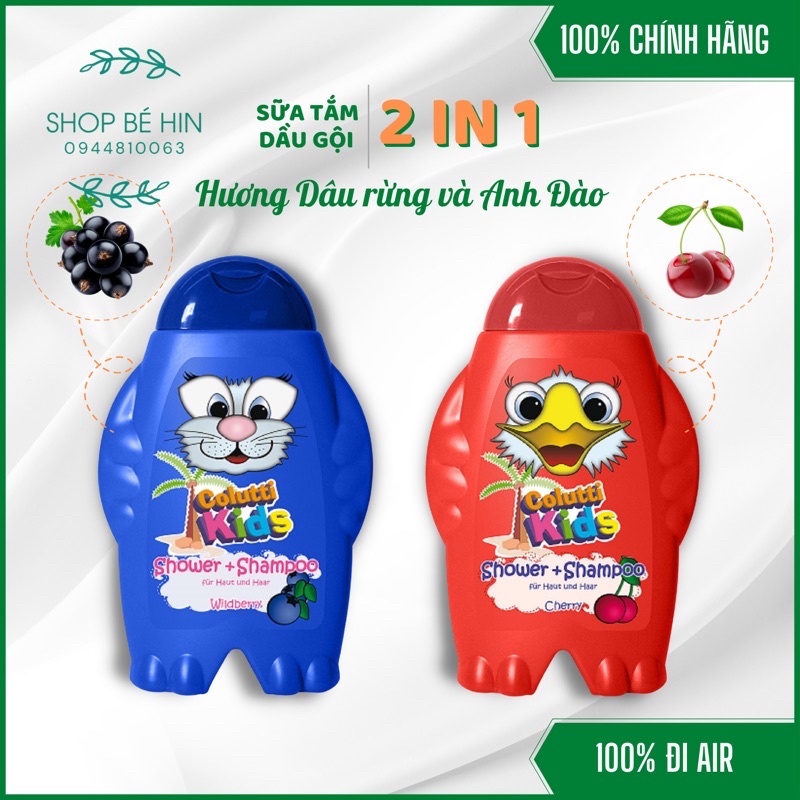 Sữa tắm gội trẻ em 2in1 Colutti Kids hương dâu rừng và anh đào, dưỡng ẩm dịu nhẹ, Hàng Đức chính hãng