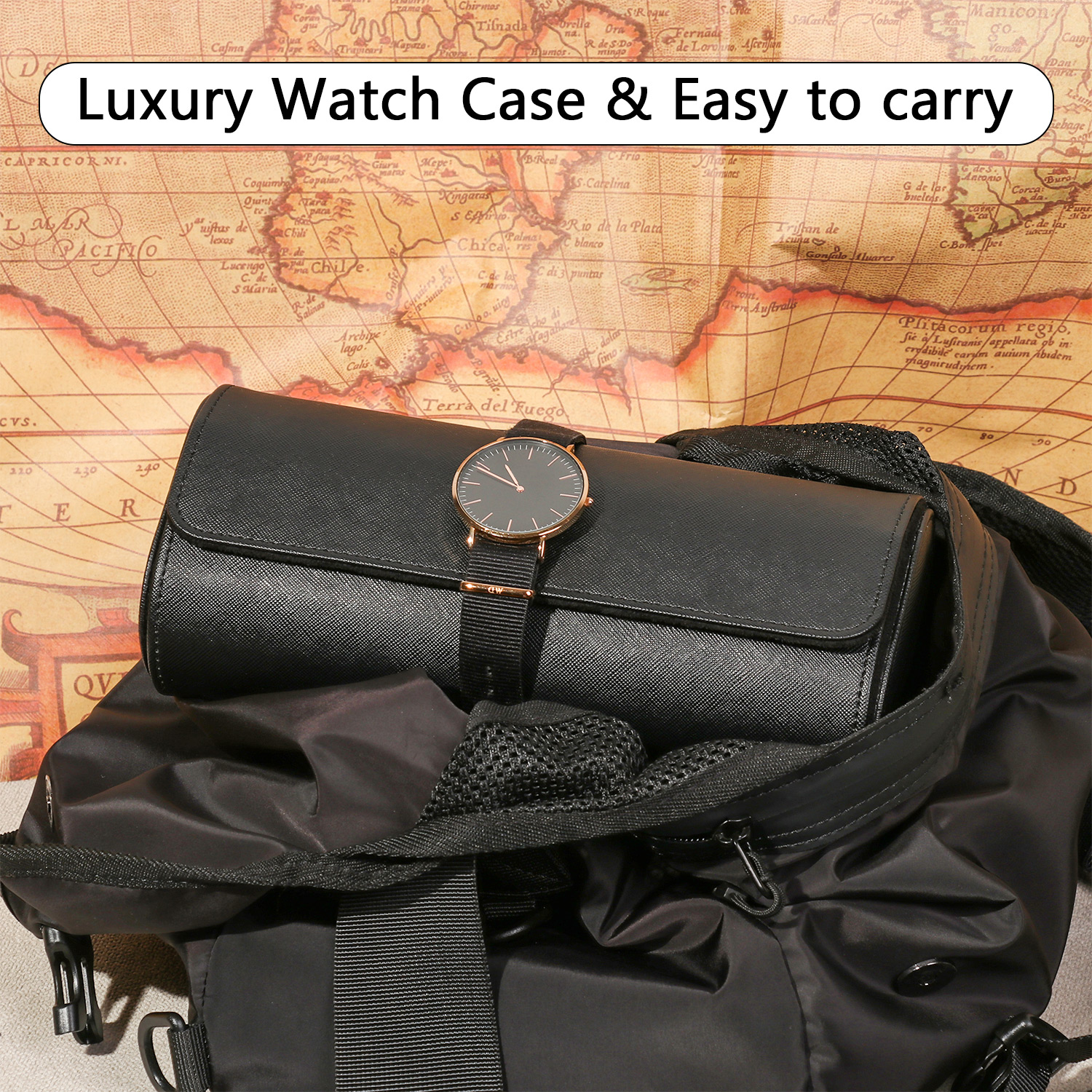 HS Men Watch Roll Travel Case Black Watch Case Organizer Portable 3 Watch Storage Watch Roll Gifts Removable Pillows Display PU Leather/Multicolor