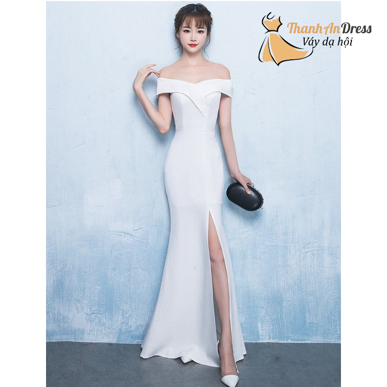 Đầm body dạ hội chất thun xẻ đùi thiết kế trễ vai