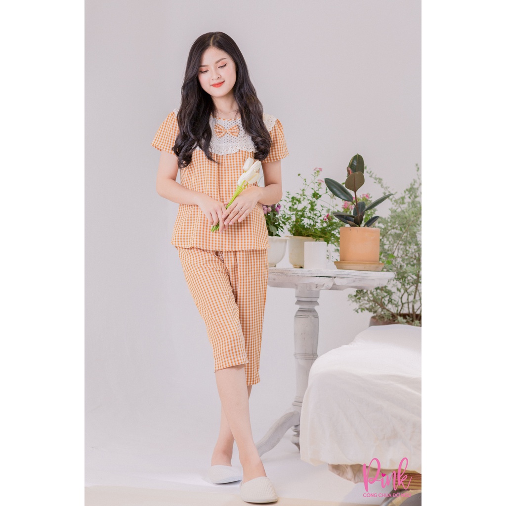 Pijama Ngủ Caro Màu Cam Tay Ngắn Vải Kate Siêu Cấp Đồ Ngủ Nữ Thoáng Mát Phong Cách Trẻ Trung Thanh Lịch Nữ Tính