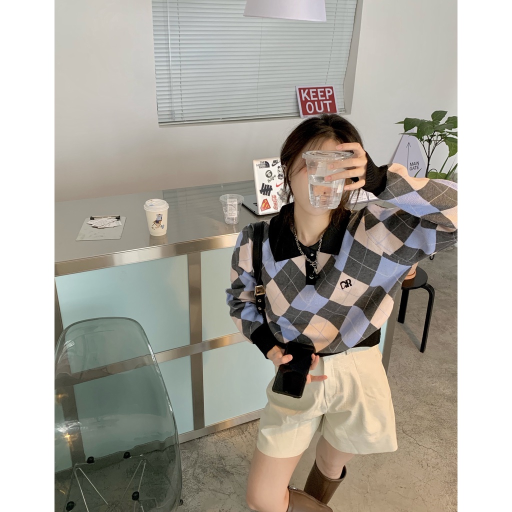 Áo sweater Dệt Kim Họa Tiết Hình Thoi Phong Cách Thời Trang Hàn Quốc Cho Nữ