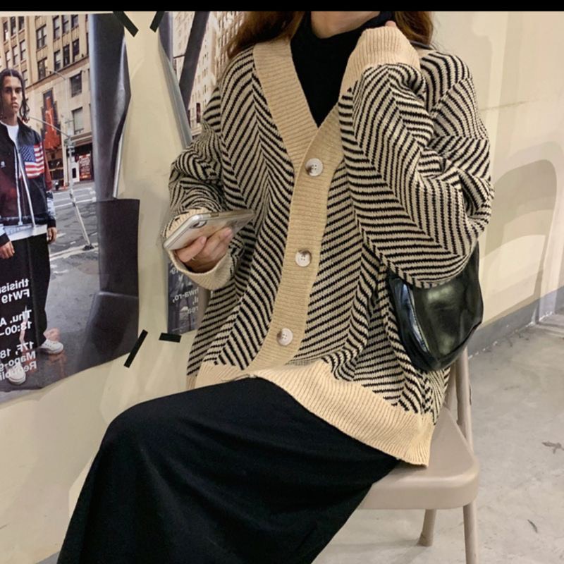 Áo khoác cardigan áo khoác len nữ họa tiết sọc chéo xương cá form rộng chất dày dặn hàng đẹp PANOSI - A672
