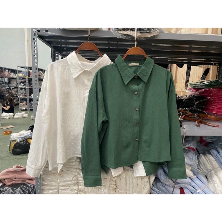 Áo Sơ Mi nữ  đũi xẻ lưng sau, Áo sơ mi nữ tay dài dáng croptop xẻ lưng 2 màu trắng xanh - Hàng có sẵn