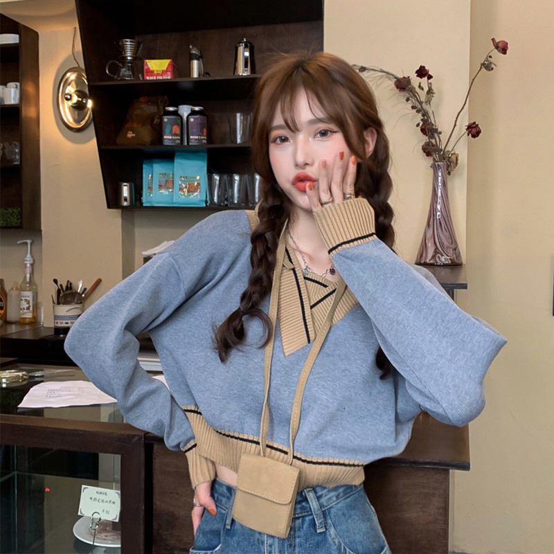 Áo sweater dáng ngắn màu sắc tương phản thời trang phong cách retro cho nữ