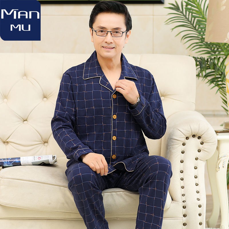 giá rẻ đẹpmùa xuân và thu bộ đồ ngủ dài tay dành cho người trung niên lớn tuổi bằng vải cotton tinh khiết nam mặ