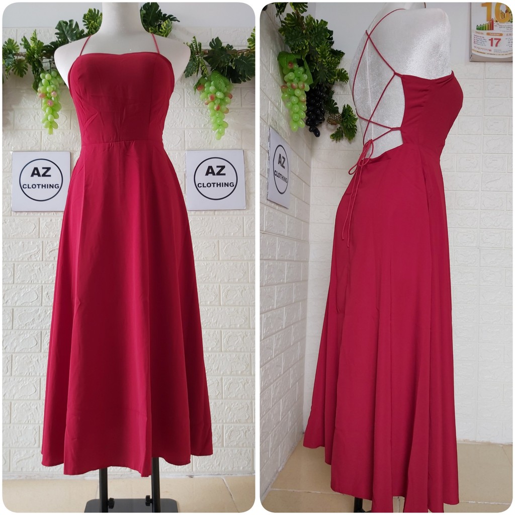 ĐẦM MAXI 2 DÂY ĐAN NƠ LƯNG ĐỎ ĐÔ FREE SIZE