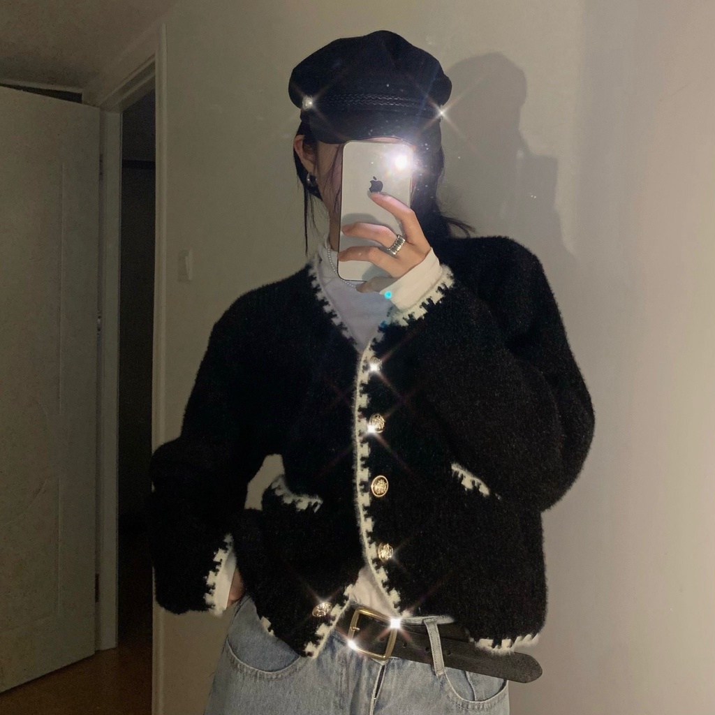 Hàng sẵn_Áo khoác len rộng dáng dài dày dặn có nút cài Hàn quốc