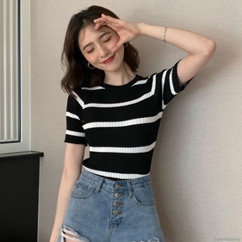 Áo dệt kim đơn giản sọc ngang ngắn tay dành cho nữ