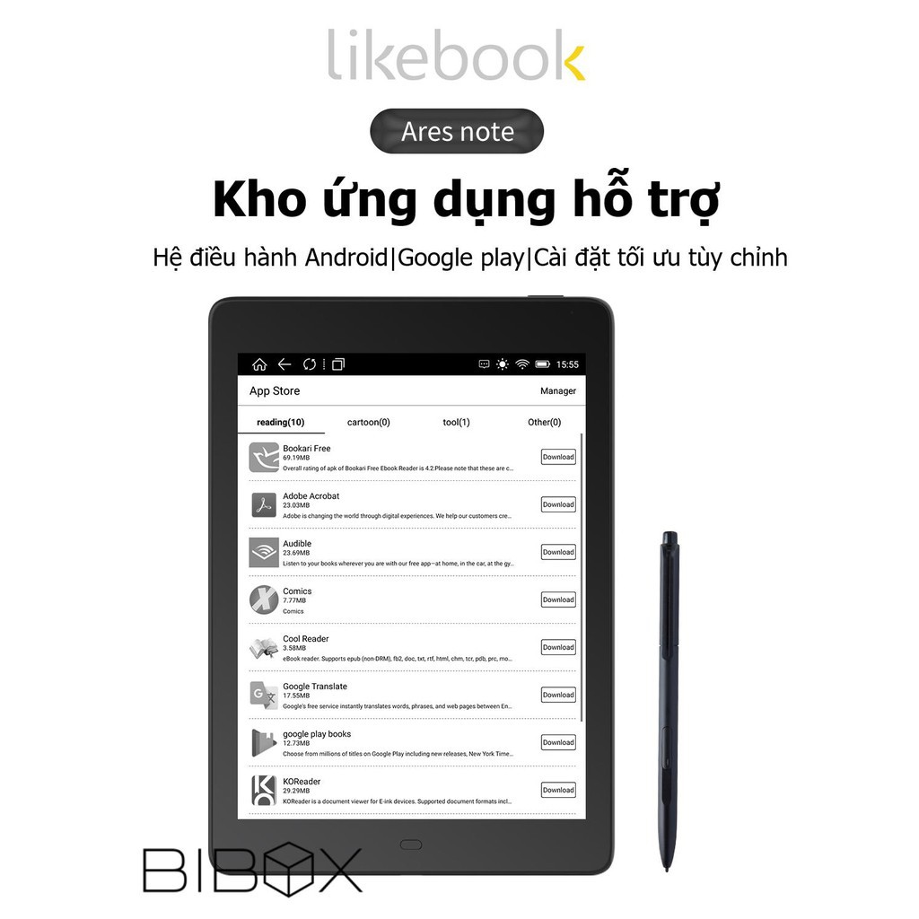 Combo: Máy đọc sách Likebook Ares Note + Bao da chính hãng + Dán màn hình + Túi chống sốc + Tặng Đồng hồ Massko