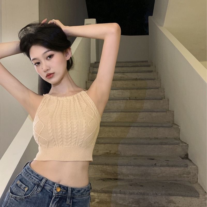 COZOKC COZOK Áo kiểu crop top COZOK hai dây dệt kim thiết kế độc đáo quyến rũ