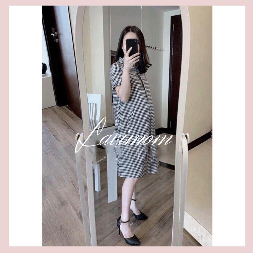 Váy bầu Lavimom đầm bầu đồ bầu kẻ đen cổ tàu dáng dài LV1303