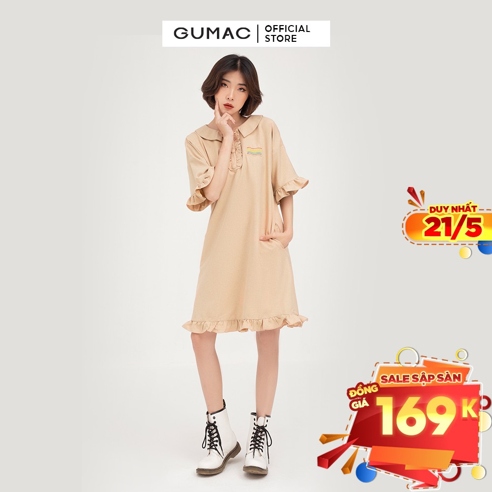 [Mã WABRGULUV giảm tới 100K đơn 249K] Đầm suông nữ tay bèo GUMAC phong cách năng động, hàn quốc màu be DB437 | BigBuy360 - bigbuy360.vn
