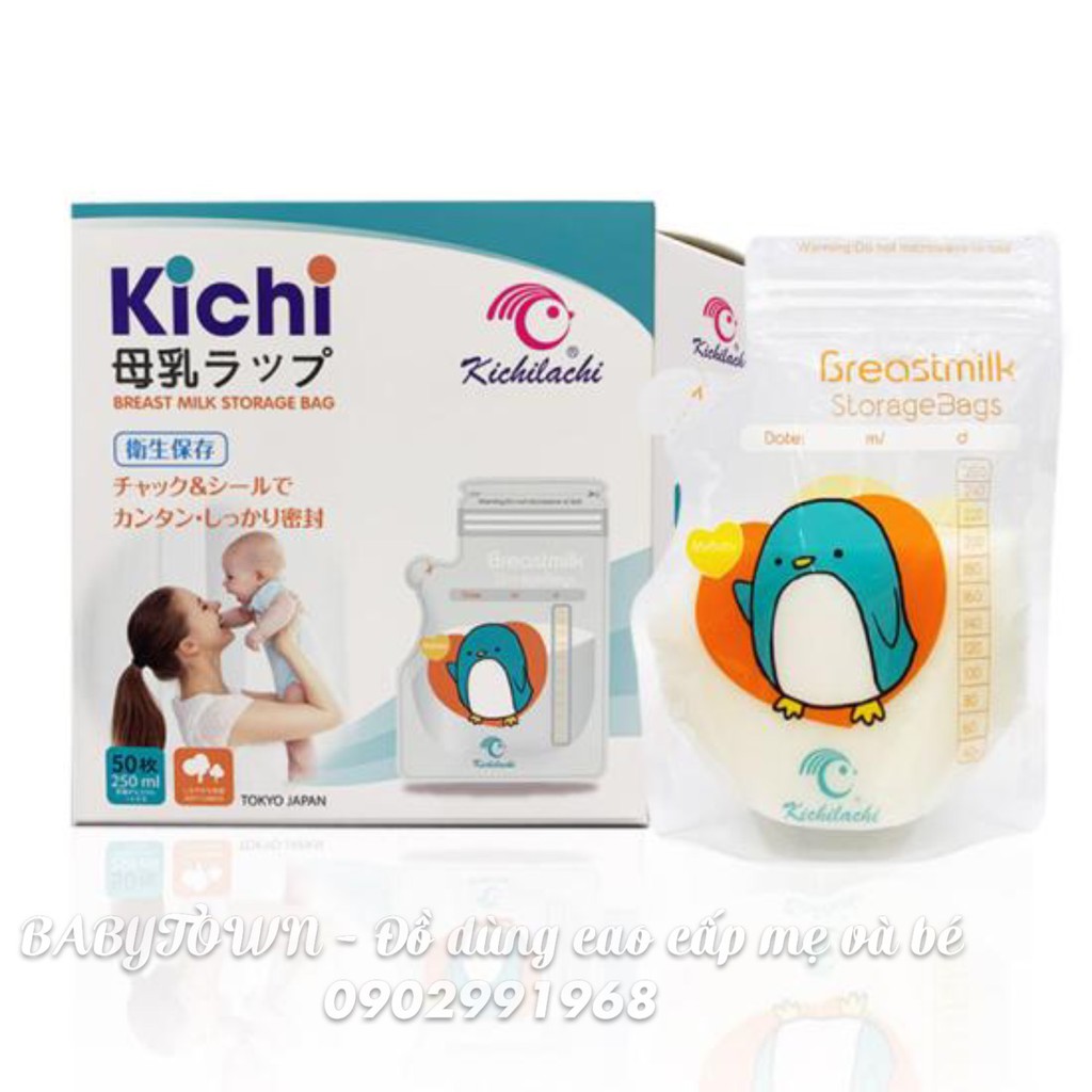 Hộp 50 túi trữ sữa KICHILACHI 250ml an toàn không bpa, có vòi rót tiện lợi công nghệ Nhật Bản hình chim cánh cụt