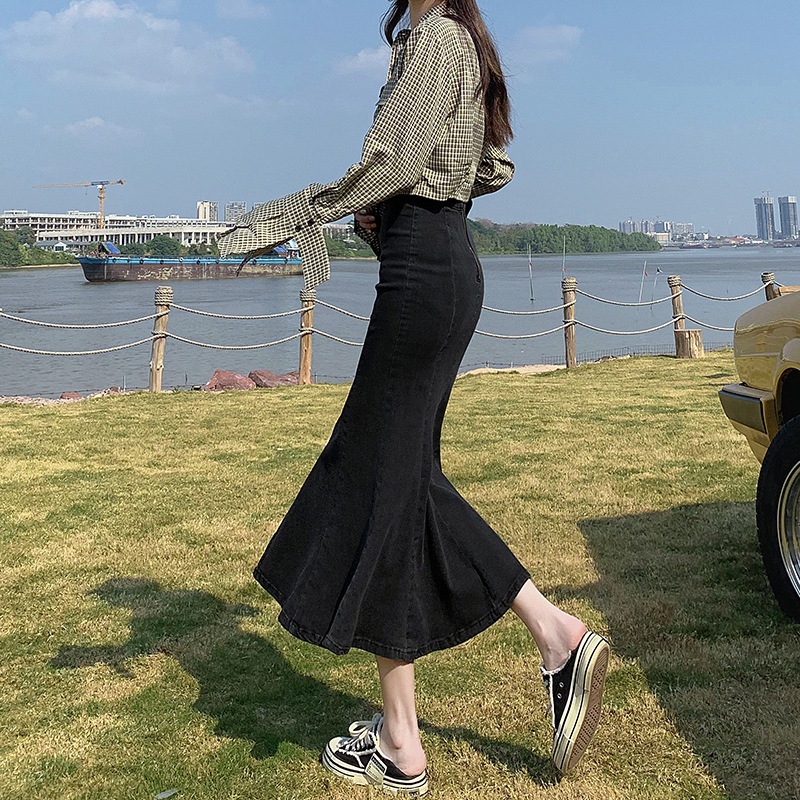 Chân váy chữ A lưng cao IELGY chất liệu denim thời trang cho nữ