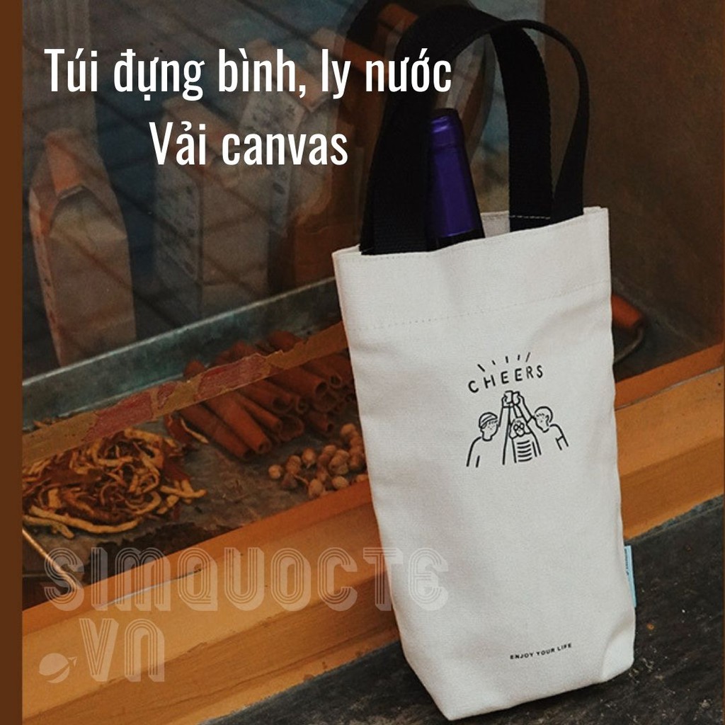 Túi đựng ly cốc nước bình giữ nhiệt ô che nắng vải canvas vải bố in chữ CHEERS