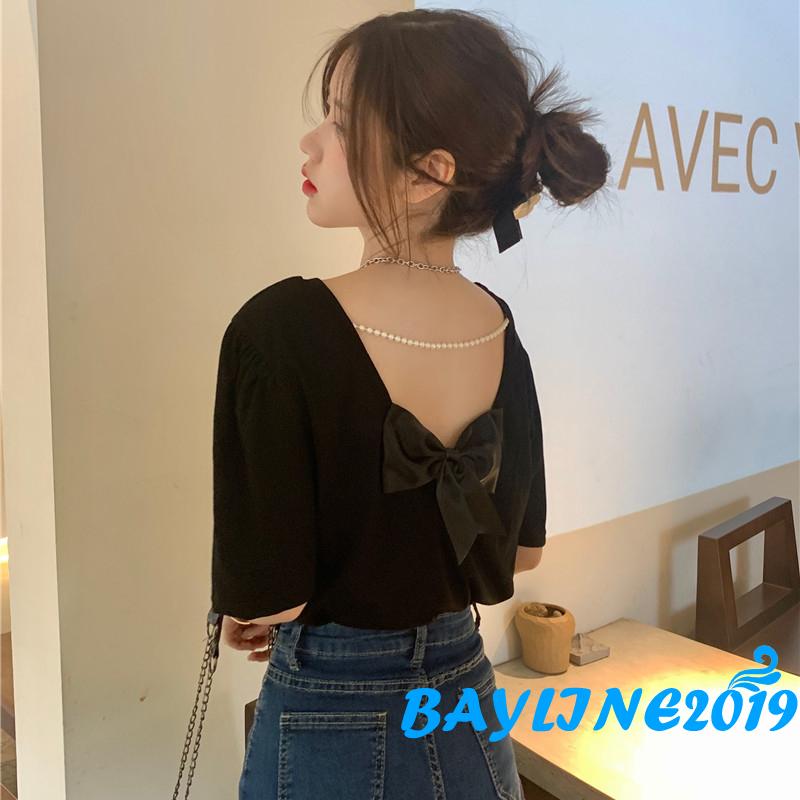 Áo Thun Nữ Ngắn Tay Cổ Tròn Hở Lưng Thời Trang