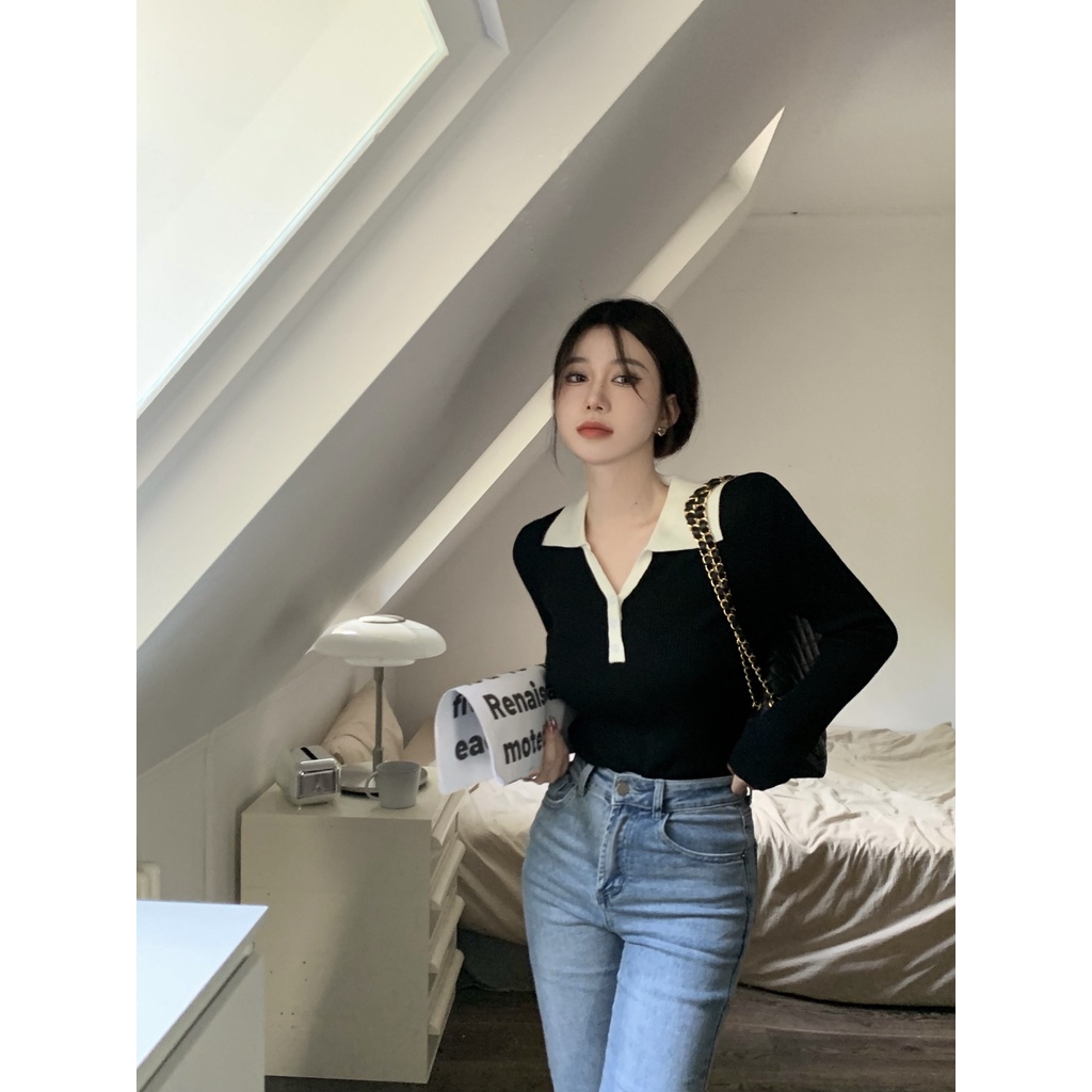 Áo Len Tay Dài Cổ Chữ V Màu Tương Phản Phong Cách Hàn Quốc Thời Trang