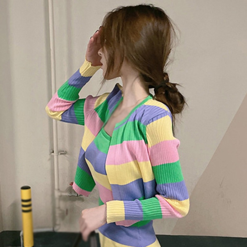 Set Áo Cardigan Dệt Kim Kẻ Sọc Nhiều Màu Dáng Ôm Tay Dài Phong Cách Hàn Quốc Cho Nữ