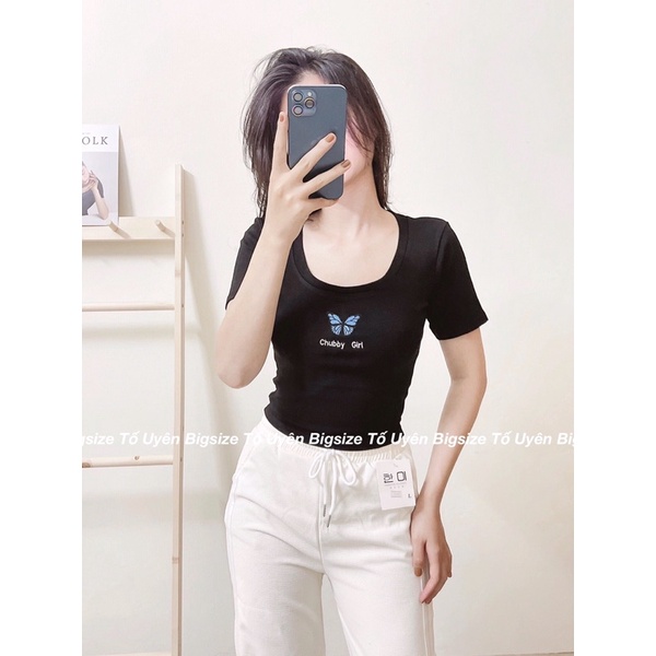 (T.U Bigsize 50-80kg) Áo Croptop Cộc Tay Cổ Trễ Thêu Hồ Điệp Phong Cách Chubby