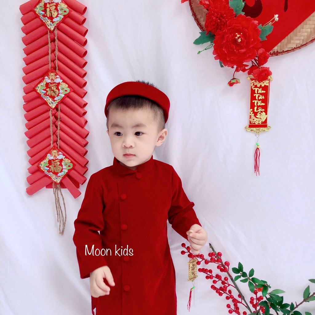 Áo Dài Tết Cho Bé Trai Chất Liệu Nhung Có Mấn Đội Đầu Dễ Thương