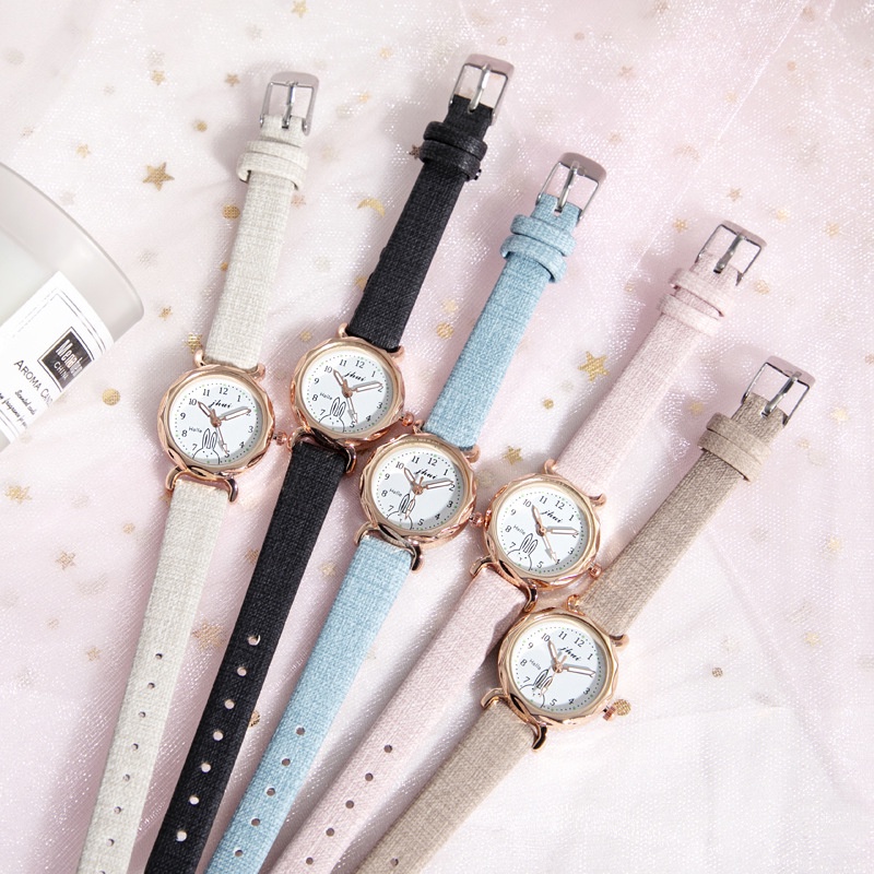 Bbs. Jhui Đồng Hồ Analog Máy Quartz Mặt Hình Thỏ Dây Da Pu Nhập Khẩu Từ Harajuku Cho Nữ
