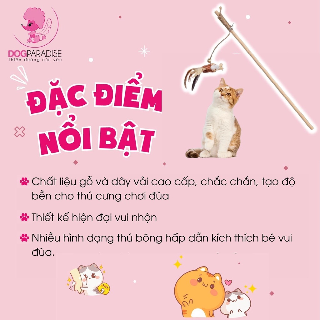 Đồ chơi cần câu cho mèo Touch Cat hình que gắn lông vũ gấu bông tương tác vui nhộn giảm stress cho mèo - Dog Paradise