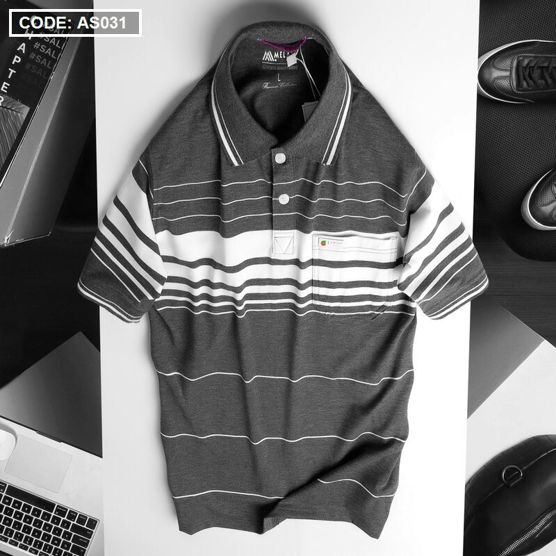Áo Polo Nam Phối Sọc Trung Niên Cổ Bẻ Có Túi Vải Cá Sấu Cotton Xuất Xịn -ÁO POLO NAM | BigBuy360 - bigbuy360.vn