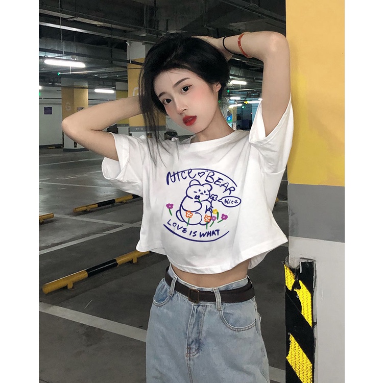 Áo croptop nữ tay ngắn cổ tròn vải thun cotton kiểu hàn quốc CR066 Miucho in hoạ tiết