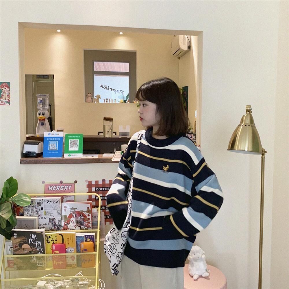 Áo Sweater Dáng Rộng Họa Tiết Kẻ Sọc Phối Màu Độc Đáo Phong Cách Hàn Quốc Cho Nữ