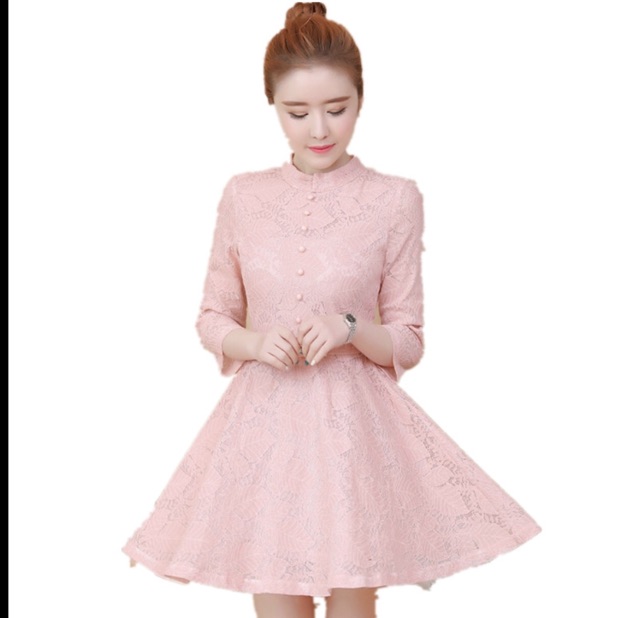 Đầm ren nữ ❣️FREESHIP ❣️ Váy ren xòe cổ trụ cúc ngọc tay lỡ tiểu thư sang chảnh - Đầm nữ hàng nhập QC