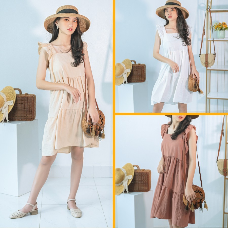 Váy babydoll đũi dáng dài cổ vuông cánh tiên 3 màu trắng nâu be hàng cao cấp | BigBuy360 - bigbuy360.vn