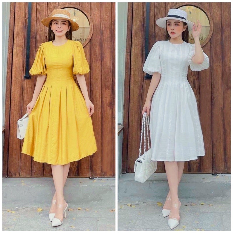 Đầm váy freesize cổ tròn xếp li 2 màu