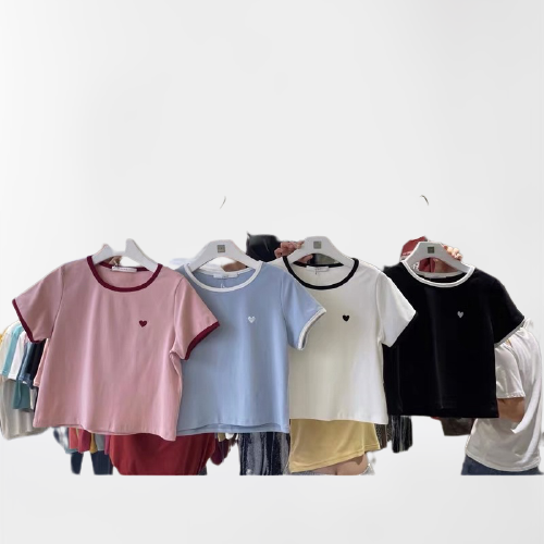 Áo Thun Croptop Thêu Trái Tim Viền Cổ Basic Style