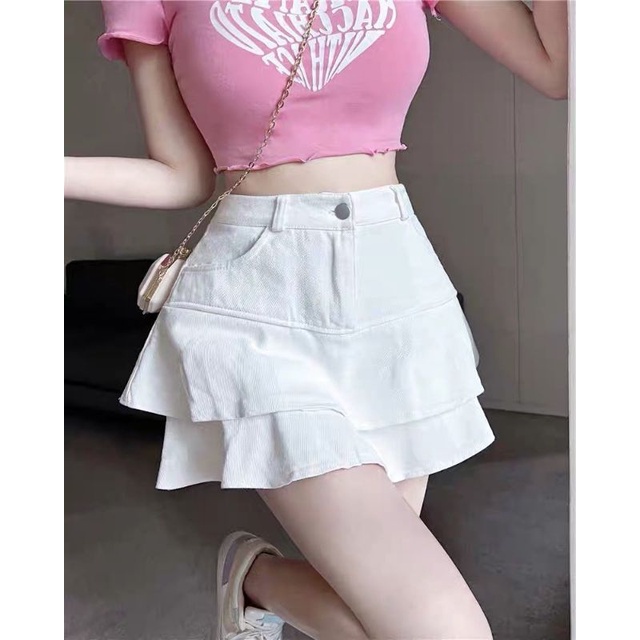 Chân Váy Jean MIRA.CLOSET, Dáng Ngắn Xoè Lưng Cao 2 Tầng C049