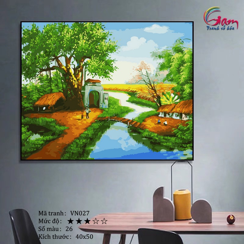 Tranh sơn dầu số hoá tự tô màu phong cảnh làng quê Việt Nam VN027 40x50cm căng khung