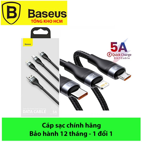 Cáp sạc đa năng 3 đầu Baseus 40W, Cáp sạc nhanh 3 đầu Baseus Flash Series 3in1 (USB to Type C/ Lightning/ Micro, 5A/40W)