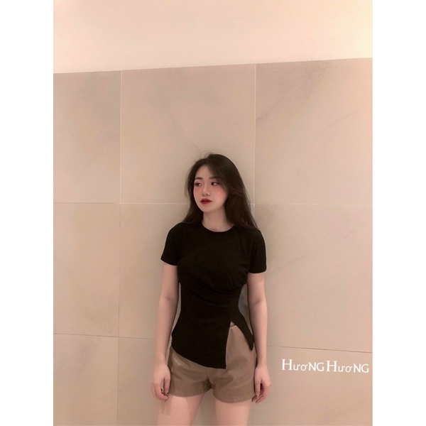 ■Áo thun nữ kiểu dáng ôm rúm eo ngắn tay vạt chéo - lệch chất cotton mềm mại tôn