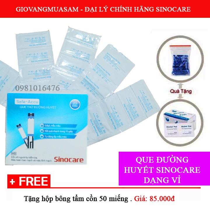 Hộp 50 que thử đường huyết safe accu Sinocare DẠNG VỈ + tặng 50 kim chích và miếng bông tẩm cồn