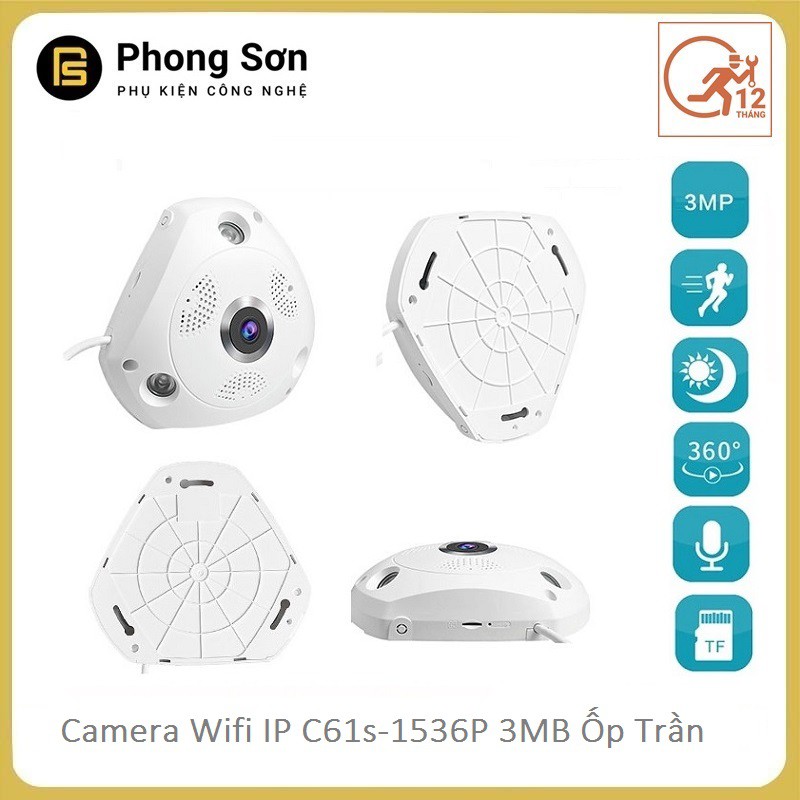 Camera wifi IP C61s FHD 1536P Vstarcam ốp trần, góc rộng 180 độ, toàn cảnh 360