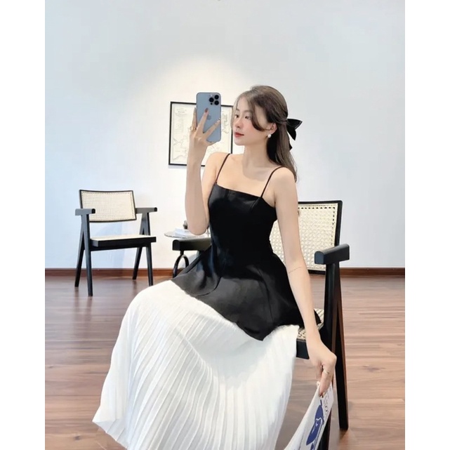 ÁO HAI DÂY THIẾT KẾ TÔN DÁNG GIẤU BỤNG MIX KÈM CHÂN VÁY XẾP LY QUA GỐI VINTAGE SUN FASHION