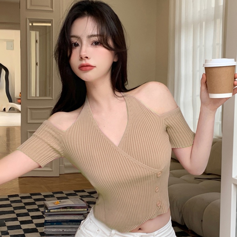 Áo Thun Dệt Kim Tay Ngắn Dáng Ôm Thời Trang Quyến Rũ Cho Nữ