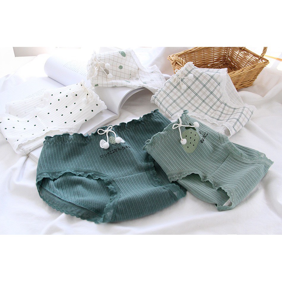 Quần Lót Nữ Cotton ❤️FREESHIP❤️ Set Cotton gân tăm viền ren tông xanh mát dịu mẫu 3778