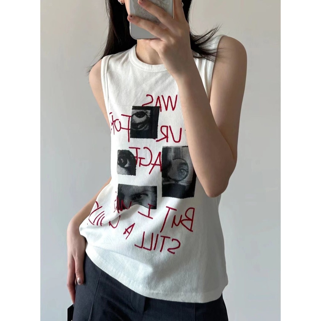 ♘⊕❇Áo Thun Sát Nách Cổ Tròn Dáng Rộng Họa Tiết Kẻ Sọc Thời Trang Retro Mỹ Cho Nữ