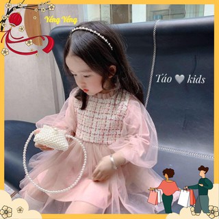 VÁY DẠ KẺ HỒNG PHA REN CHO BÉ GÁI