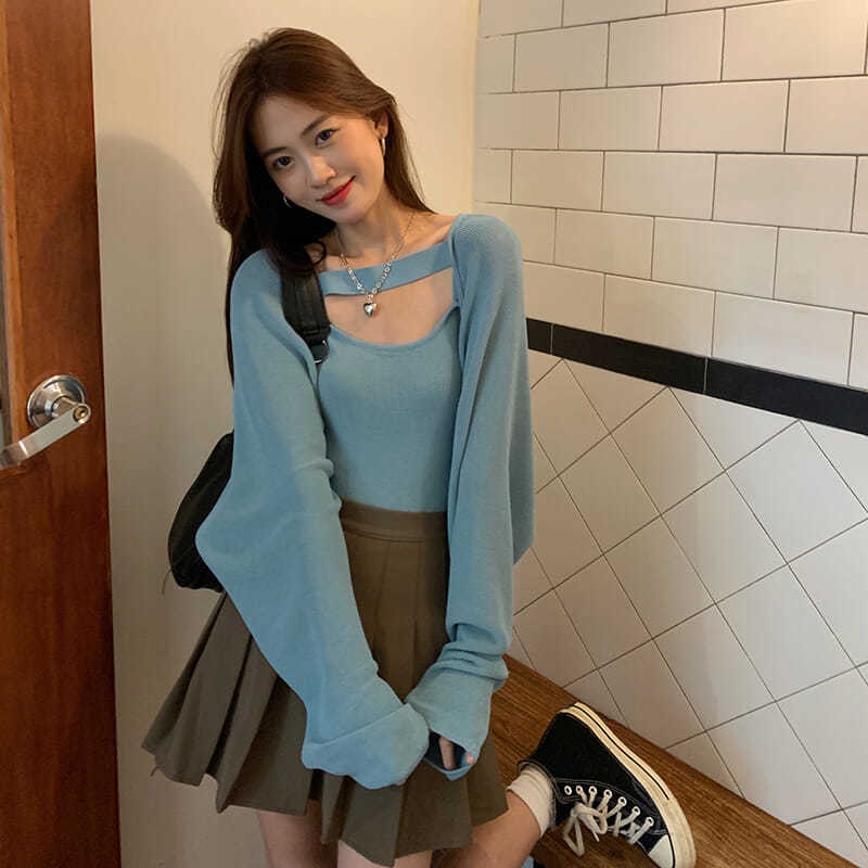 Set Áo Cardigan Dài Tay Khoét Lỗ + Áo Khoác Cardigan Màu Xanh/Đen/Đen S-3XL Gợi Cảm Cho Nữ