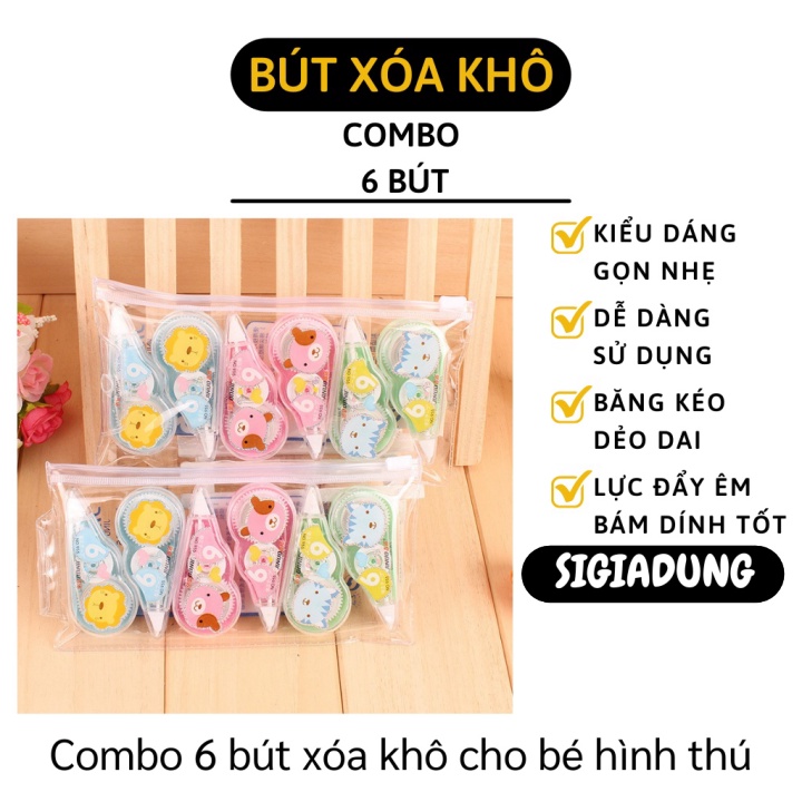 [SGD] Bút Xóa Kéo - Combo 6 Cây Bút Xóa Giấy Sửa Lỗi Sai Hình Động Vật Có Túi Đựng Cho Bé 9388