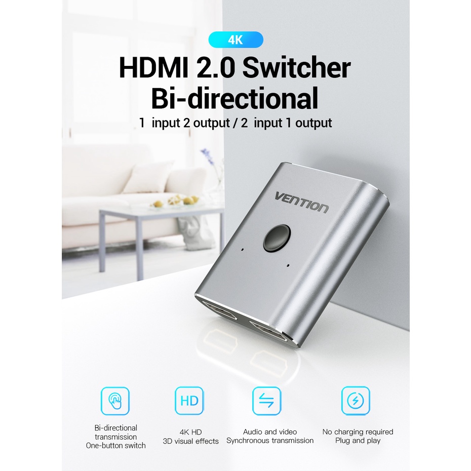 Bộ chia và gộp HDMI 2.0 Vention - Switcher 1in 2out/ 2in 1out
