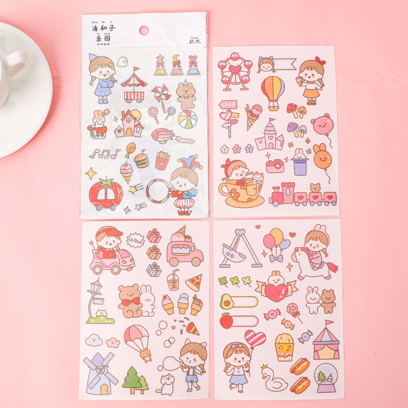 Set 4 tấm sticker cute thỏ xinh cùng các đồ dùng trong cuộc sống, hình dán sticker dễ thương
