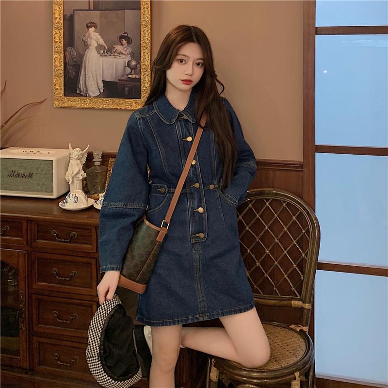 Đầm Denim Cổ Polo Tay Dài Nhấn Eo Phong Cách Hong Kong Mới Cho Nữ